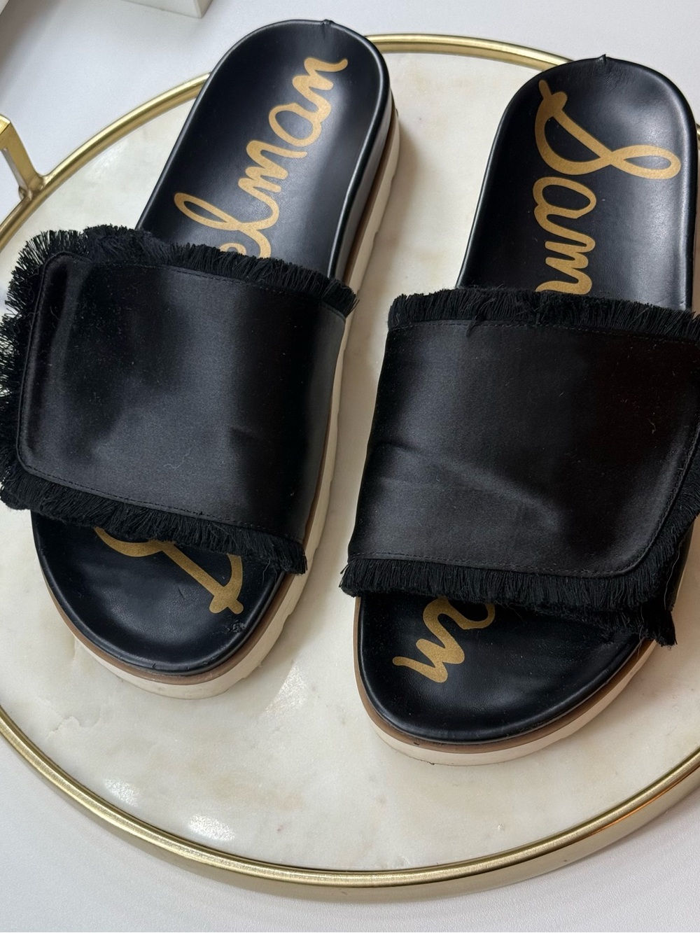 Sam Edelman Black Satin Fringe Slide Platform Sandals with Ivory Soles